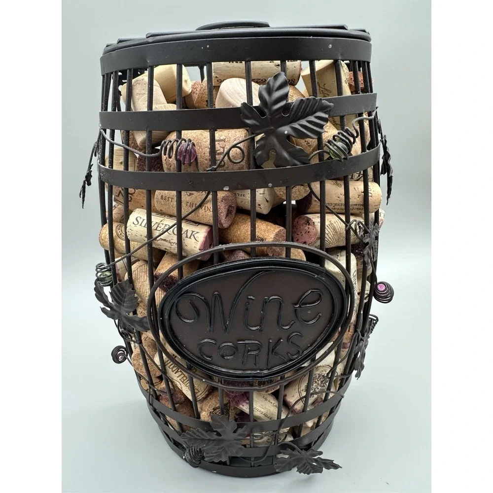 Wine Cork Holder Barrel Metal Grape Leaf Decor w Corks Kitchen Bar